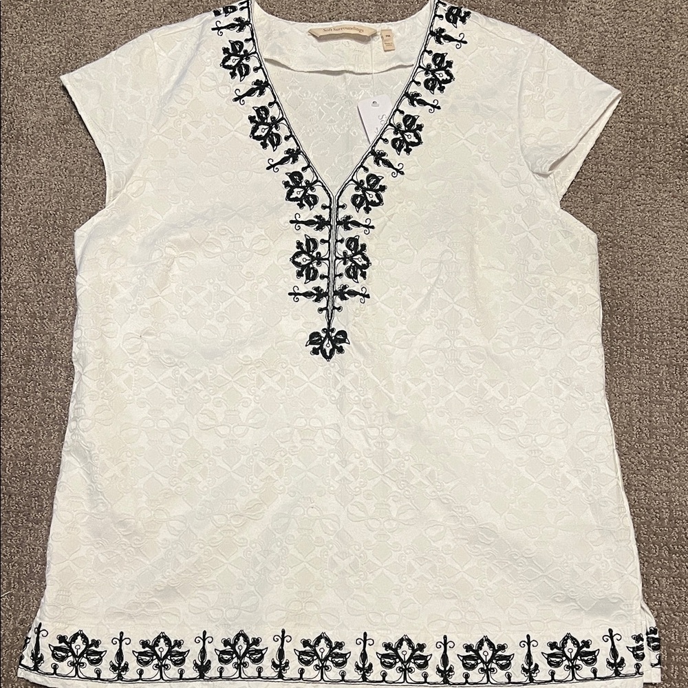 Soft Surroundings White Top with Black Embroidery